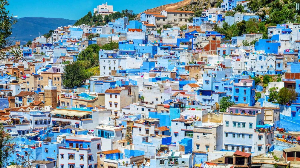 Un pueblo en una ladera con casas pintadas en varios tonos de azul y blanco. 3