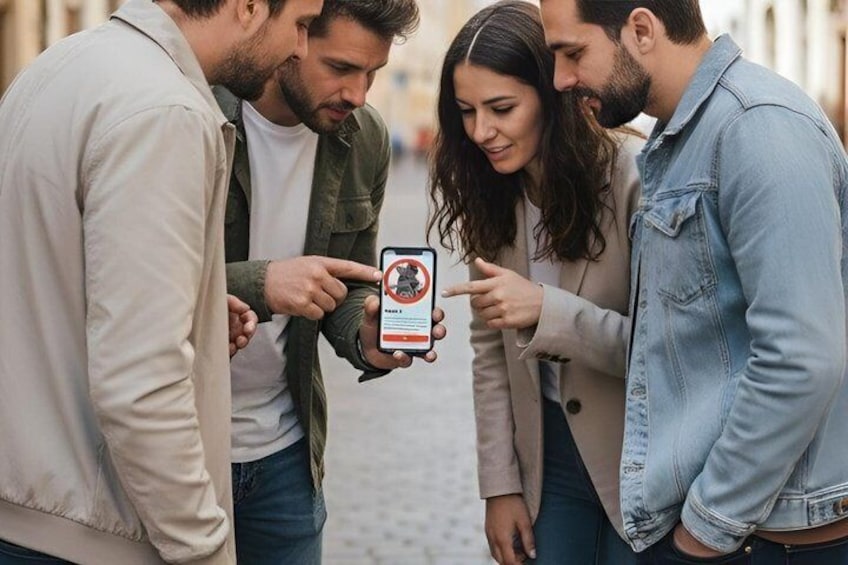 Four people looking at a smartphone displaying a map with a red circle. 3