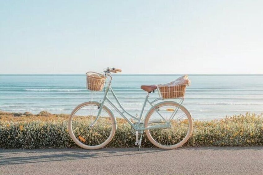 A vintage bicycle with baskets, parked on a roadside near a body of water. 2
