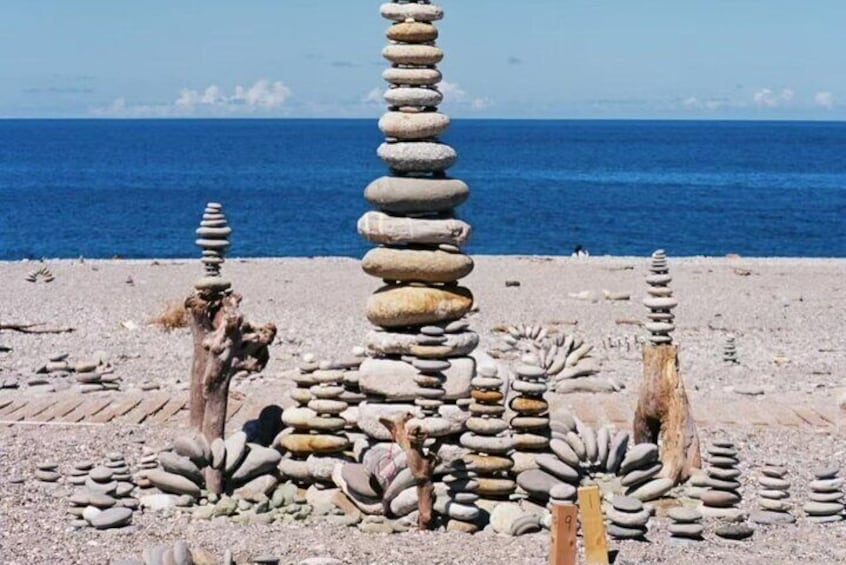 A beach with stone stacks and a tree. 3
