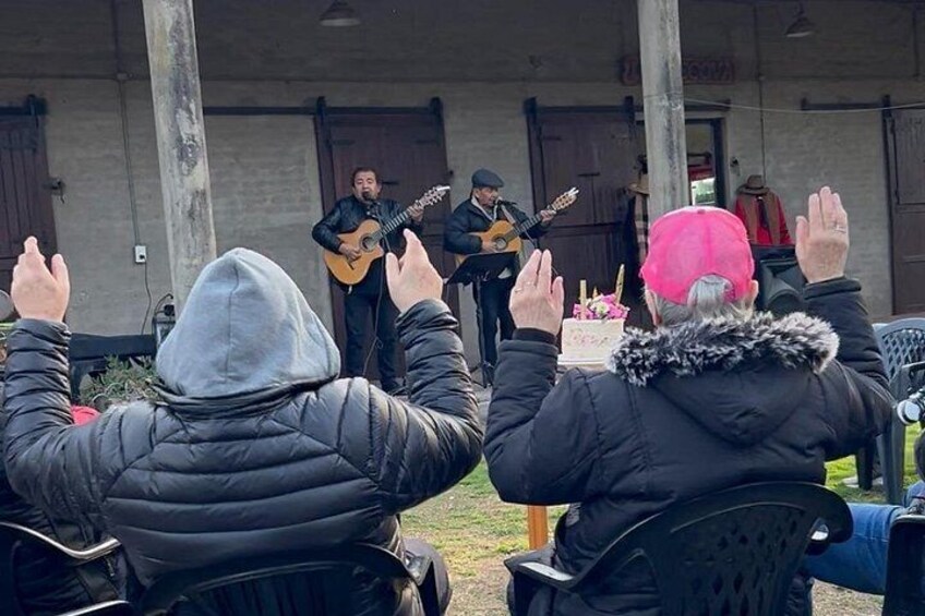 A group of people seated outdoors, facing a band performing on stage. 3