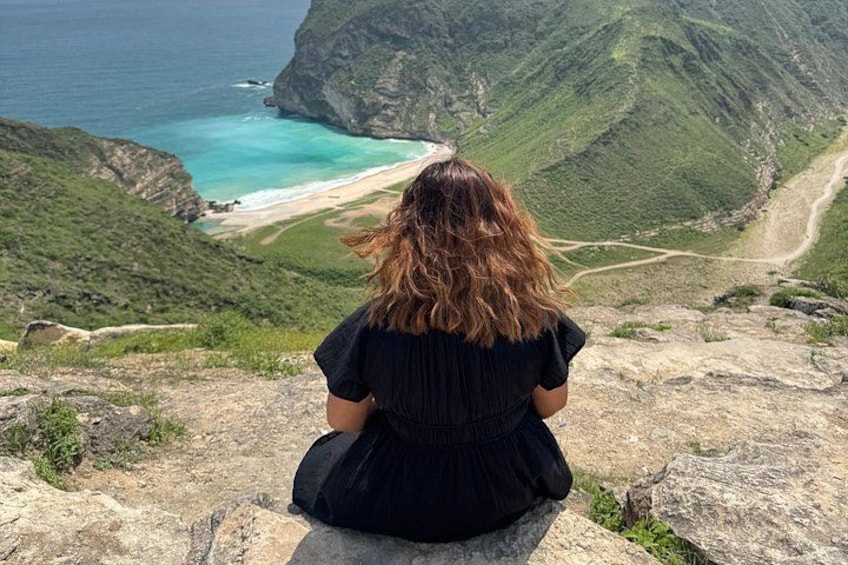 A person sitting on a rock overlooking a coastal landscape with cliffs and a beach. 3