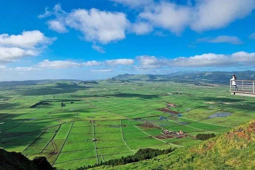 A vast green landscape with rolling hills, a clear blue sky, and a distant mountain range. 1