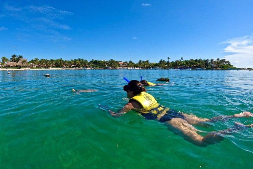 A person snorkeling in clear turquoise water with a tropical beach and palm trees in the background. 4