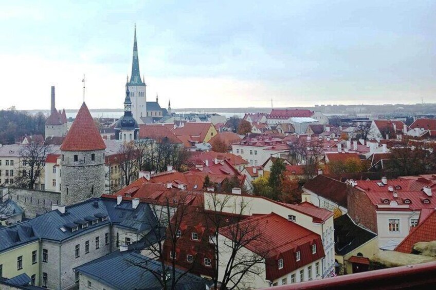 A cityscape with historic buildings, a prominent church with a tall spire, and a river in the background. 5