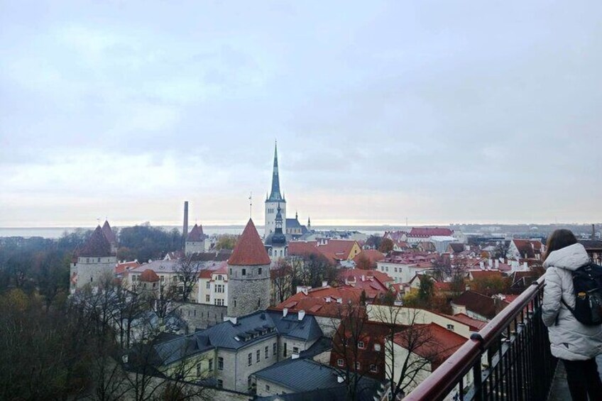 A town with historic buildings and a prominent church spire. 3