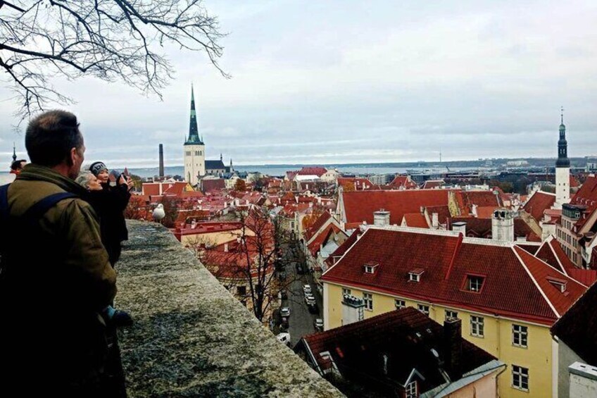 A person taking a photo of a cityscape with red-roofed buildings and a prominent church tower. 2