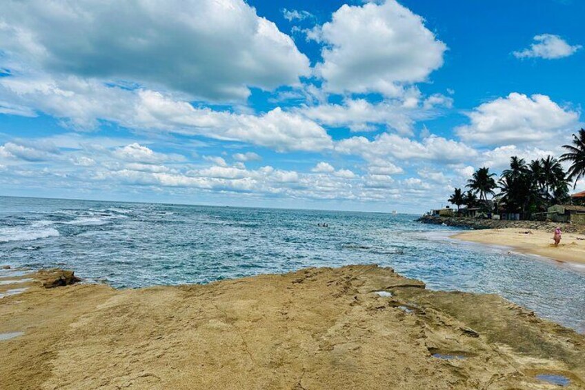 A beach with clear skies, ocean waves, and palm trees. 2