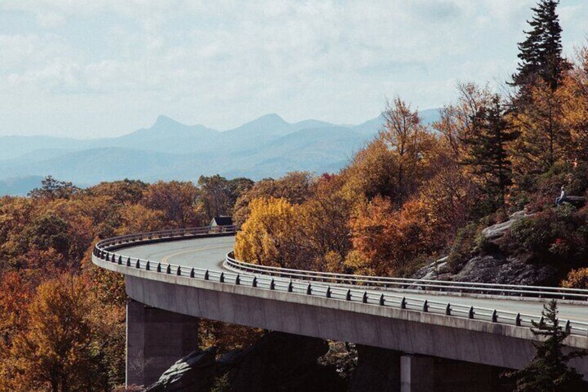 A curved bridge over a forested area with autumn foliage and distant mountains. 2