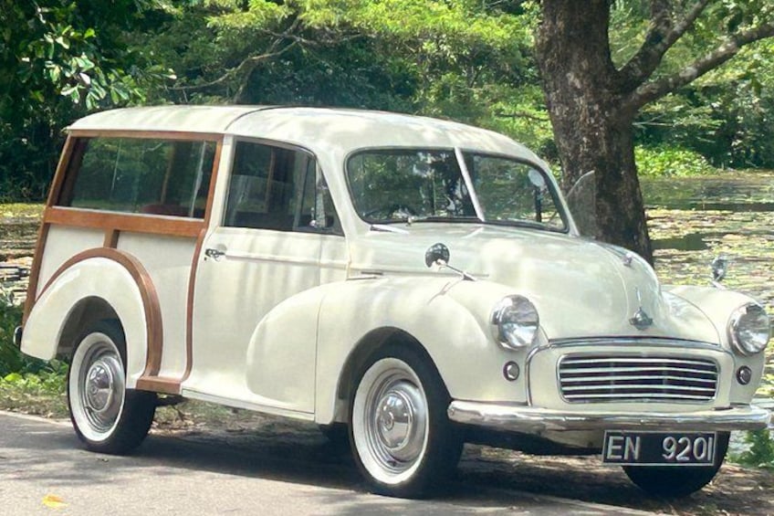 A vintage white car with wooden trim parked on a road with trees in the background. 2