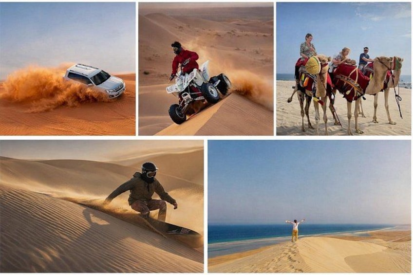 Wüstenlandschaft mit Sanddünen, einem Geländewagen, einer Kamelkarawane und einer Person, die auf einer Düne steht. 1