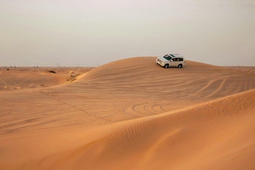 Ein weißer SUV auf einer Sanddüne in einer Wüstenlandschaft. 4