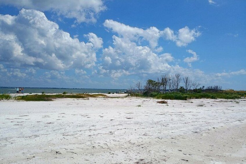 A sandy beach with sparse vegetation and a clear sky. 2