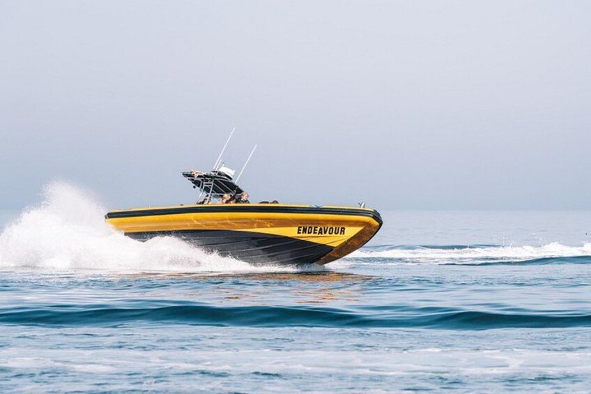 Een speedboot met de tekst 'ENDEAVOUR' op de zijkant, vaart door het water. 2