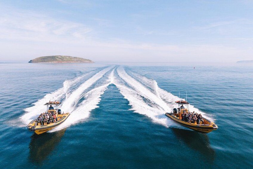 Twee speedboten racen over een kalme zee, met kielzomen, een eiland in de verte en een heldere lucht. 1