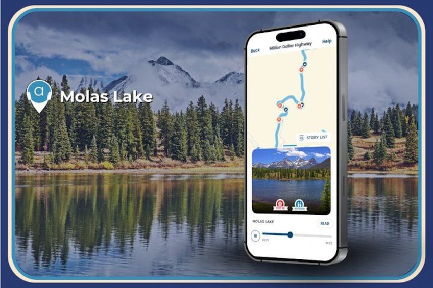 A smartphone displaying a map with a route marked by red dots, labeled 'Molas Lake,' and a scenic view of a lake with mountains in the background. 4