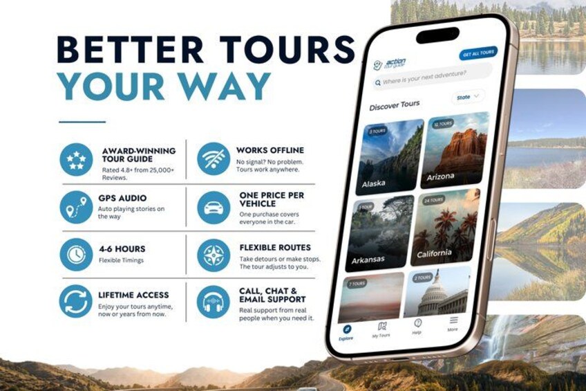A smartphone displaying a travel app with various tour options and features like GPS audio, flexible routes, and lifetime access. 5