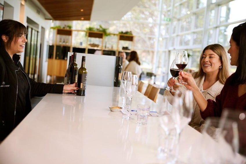 A bar setting with a bartender and two customers toasting with wine glasses. 4