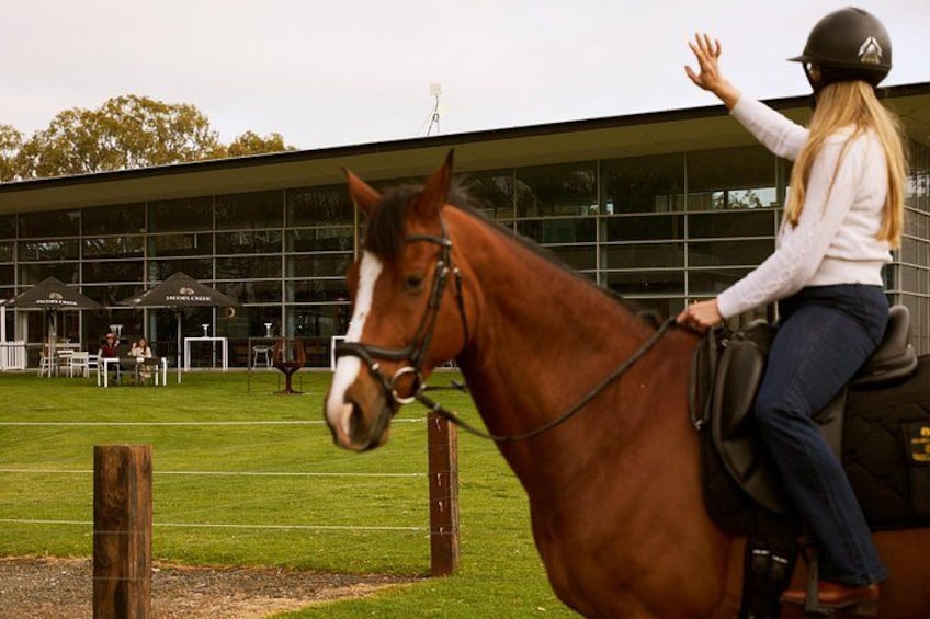A person riding a horse in a fenced area with a building in the background. 3