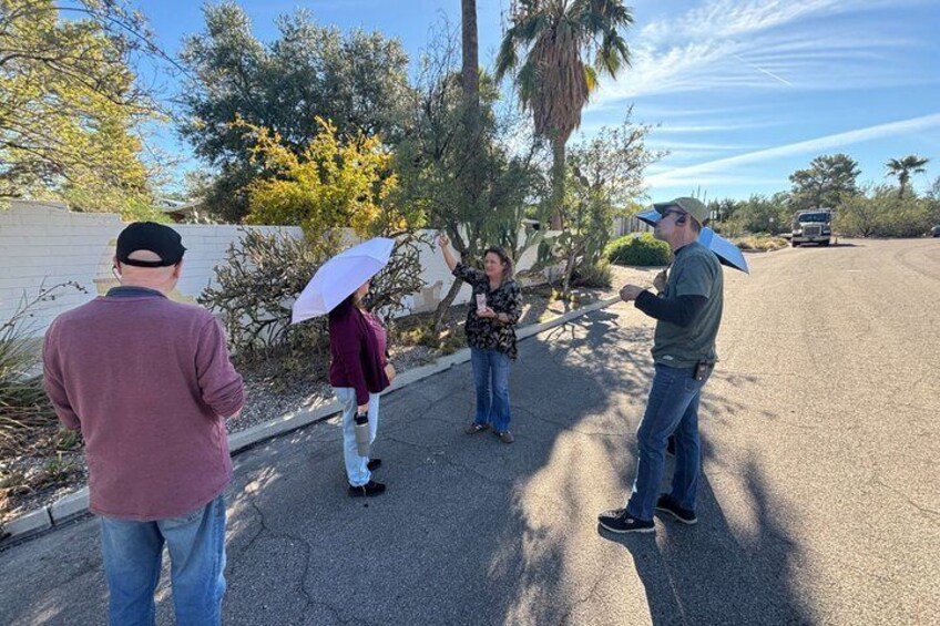 A group of people standing on a road with palm trees and a parked vehicle in the background. 3