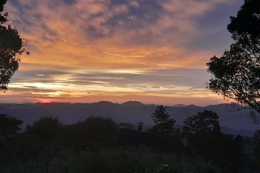A sunset over a mountainous landscape with silhouetted trees and a clear sky. 4