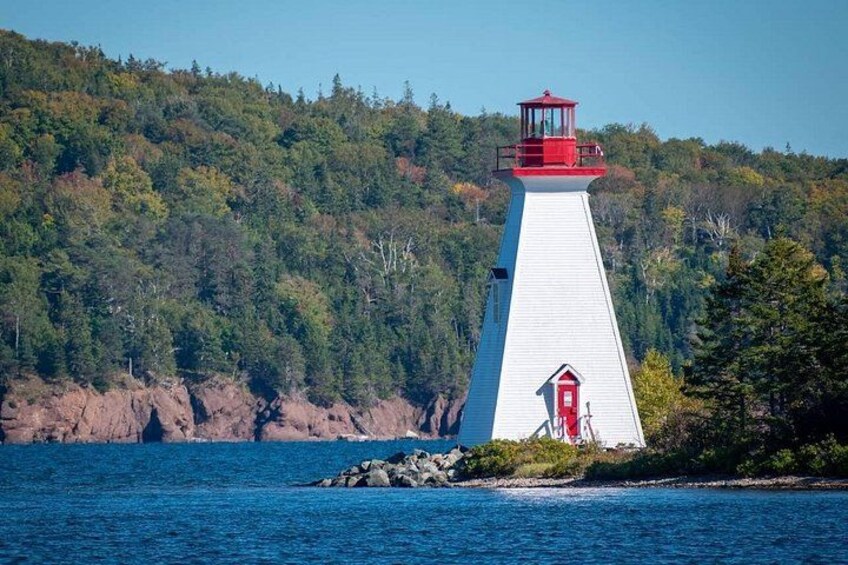 Un phare avec un sommet rouge, un corps blanc et une porte rouge, situé sur une côte rocheuse, avec une colline boisée en arrière-plan. 2