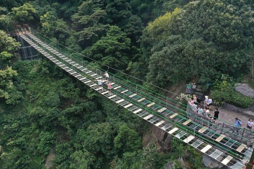 A suspension bridge in a forested area with people walking on it. 4