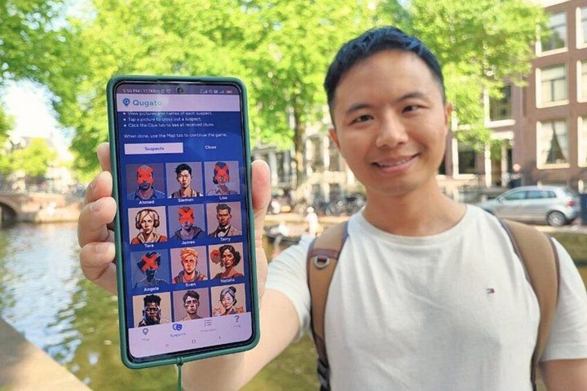 A person holding a smartphone displaying a game interface with character selections. 5