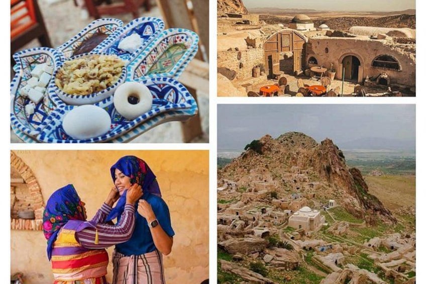 A traditional dish, a historical building, a person in traditional attire, and a mountainous landscape. 1