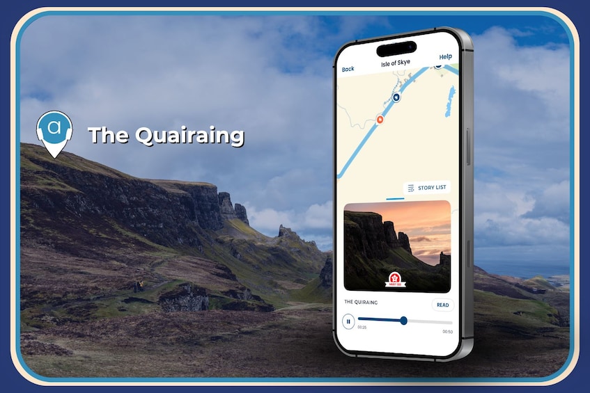 Een smartphone toont een kaart met een route, een mooi landschap en een overzicht van verhalen. 3