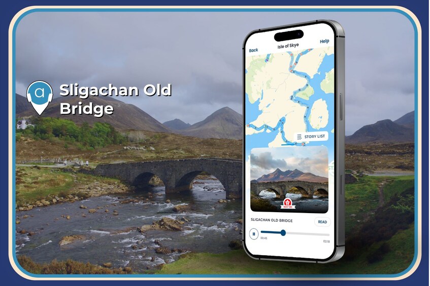 Een smartphone toont een kaart met een markering voor de Oude Sligachan Brug. 5