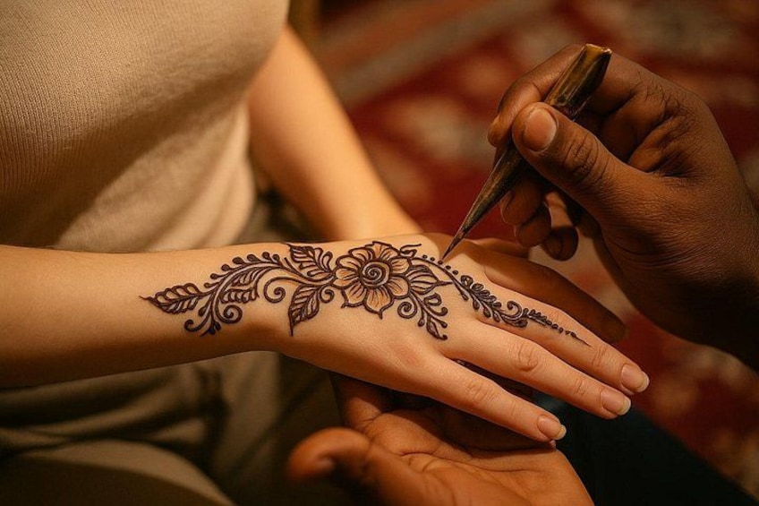 A person applying henna on another person's hand. 3