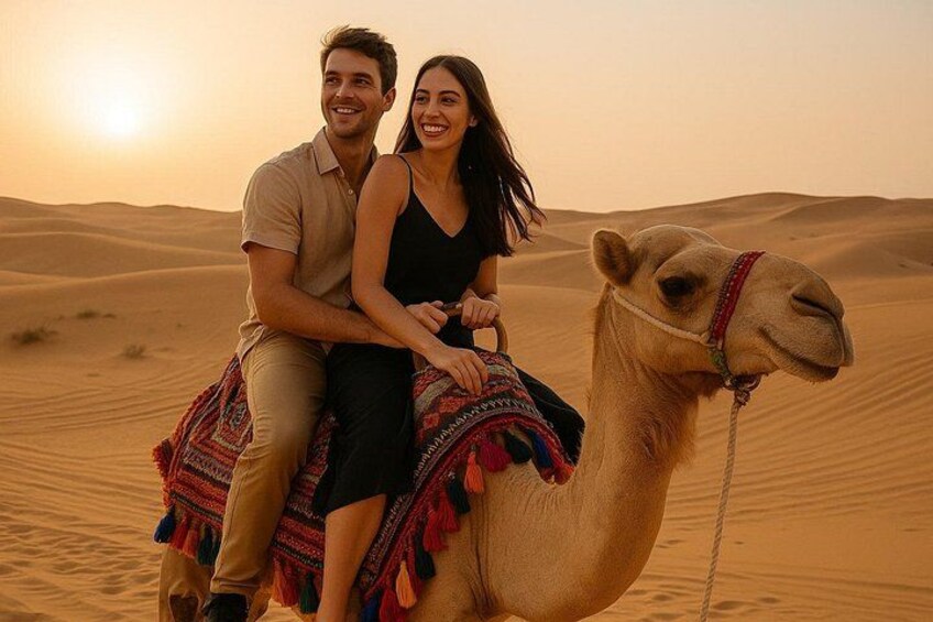 A couple riding a camel in a desert with sand dunes in the background. 3