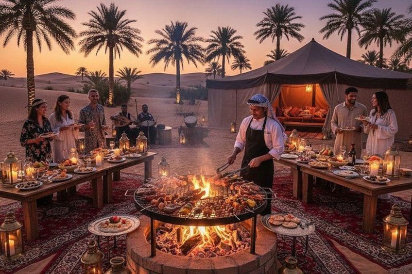 A desert camp with a fire pit, people dining, palm trees, and a tent. 2
