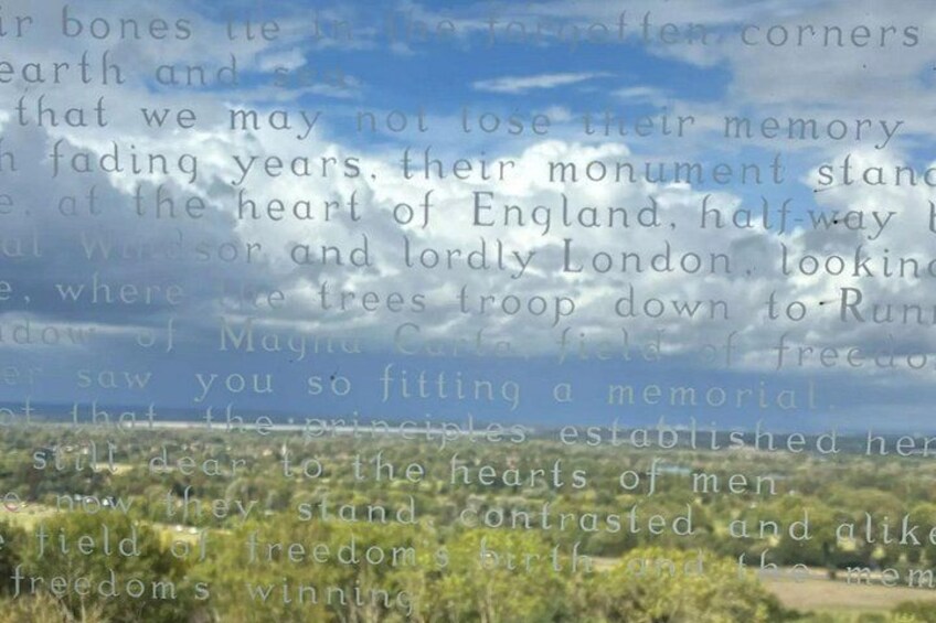 A memorial with a monument, trees, and a field of freedom. 2