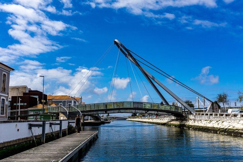 A cable-stayed bridge over a river, with buildings and a dock on the left. 5