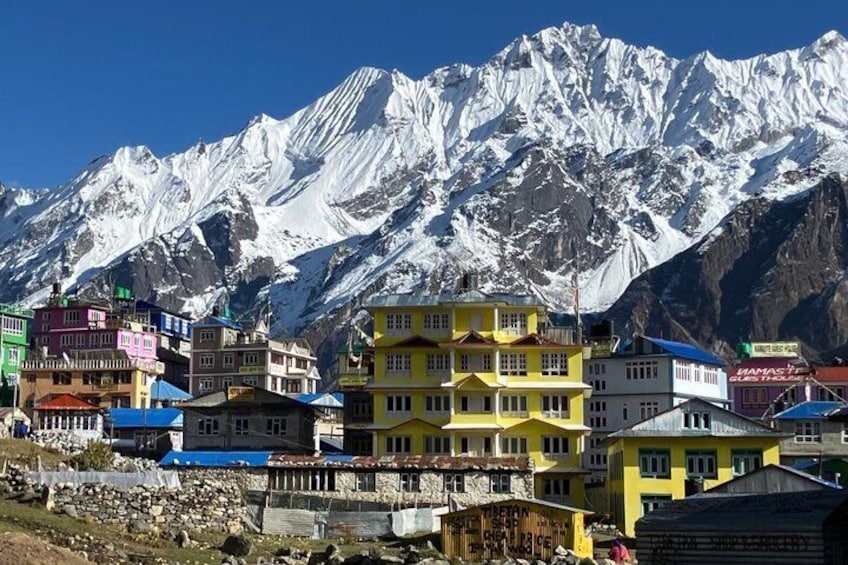 A colorful village with snow-capped mountains in the background. 1