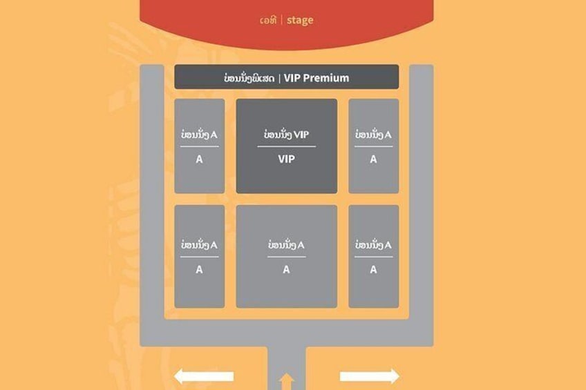 Interfaz de computadora con una sección central VIP Premium rodeada de otras secciones etiquetadas como A. 2
