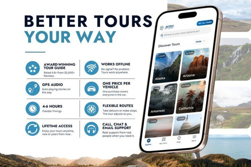 A smartphone displaying a travel app with tour options for Alaska, Arizona, Arkansas, and California. 4