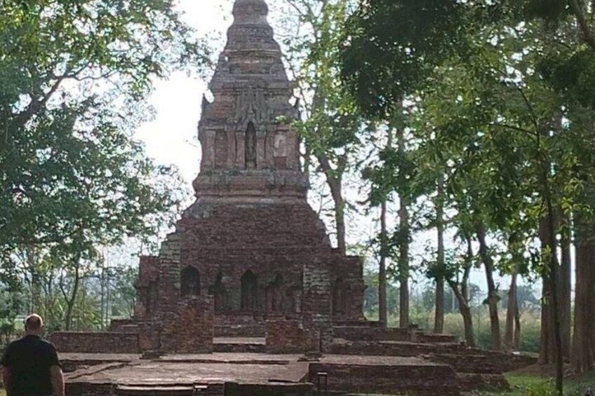 An ancient brick stupa surrounded by trees. 3