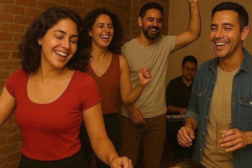 A group of people in a social setting, possibly a party or gathering, with brick walls in the background. 2
