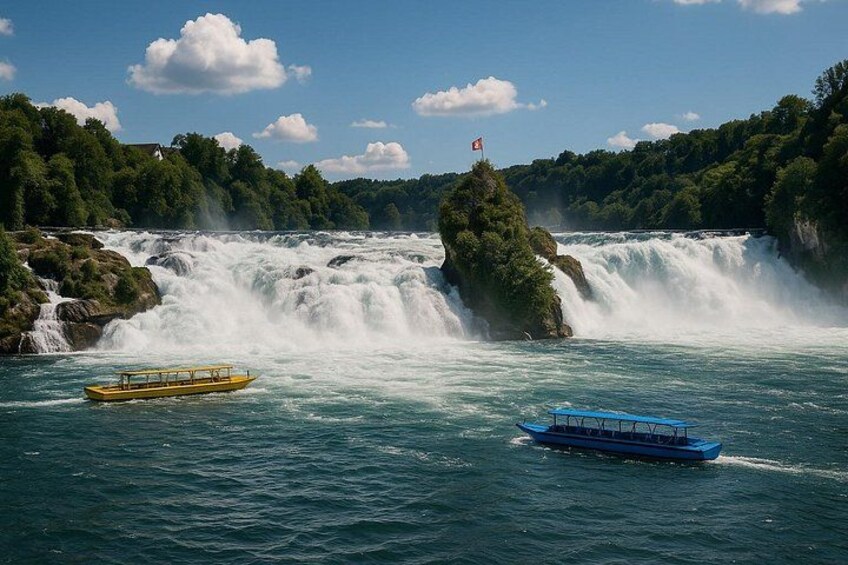 Ein Wasserfall, zwei Boote und eine Flagge auf einem Felsen. 3