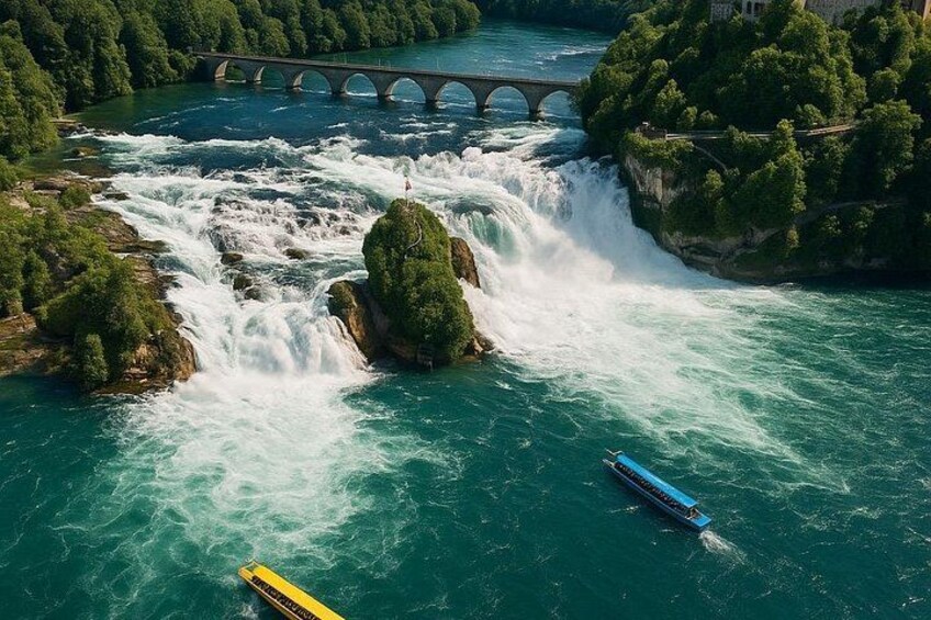 Ein Fluss mit einem Wasserfall, einer Brücke und Booten. 2
