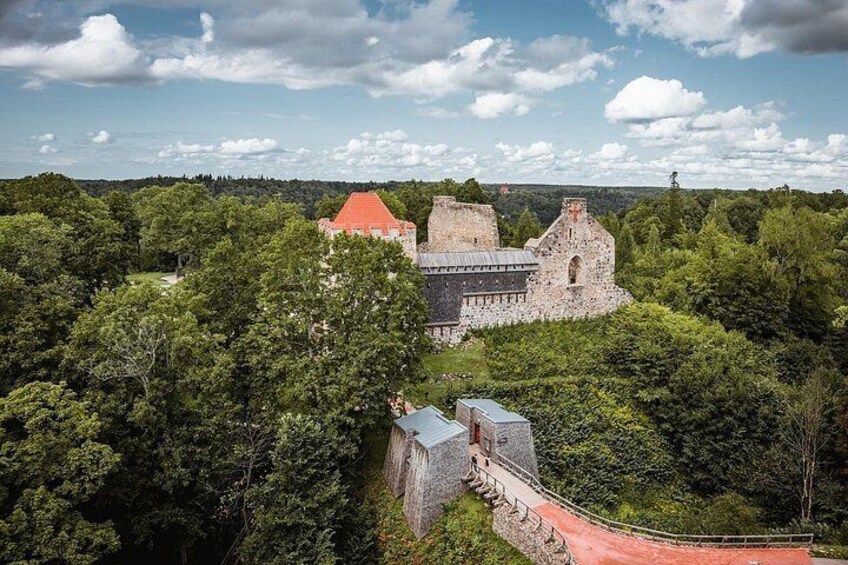A castle surrounded by dense forest, a red-roofed building, and a stone wall. 3