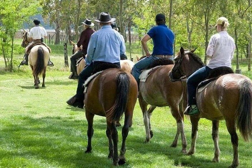 People riding horses on a grassy field. 1