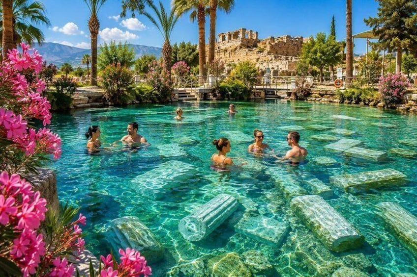 A clear pool with people swimming, surrounded by palm trees and flowers, with a castle-like structure in the background. 5