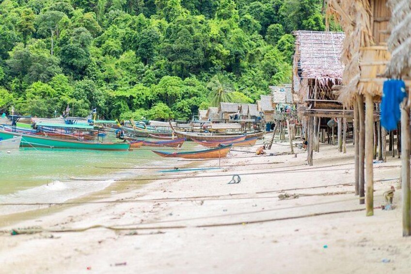 A beach with boats, wooden structures, and a forested background. 5