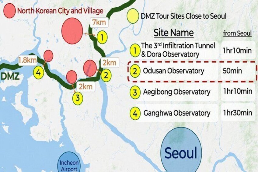 A map with DMZ tour sites near Seoul, including distances and travel times. 3