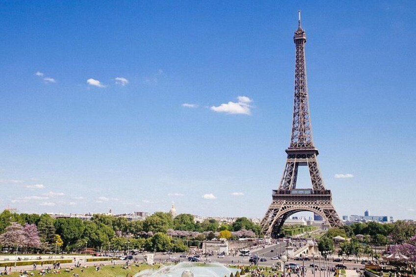 The Eiffel Tower, surrounded by a park with trees and a body of water. 4