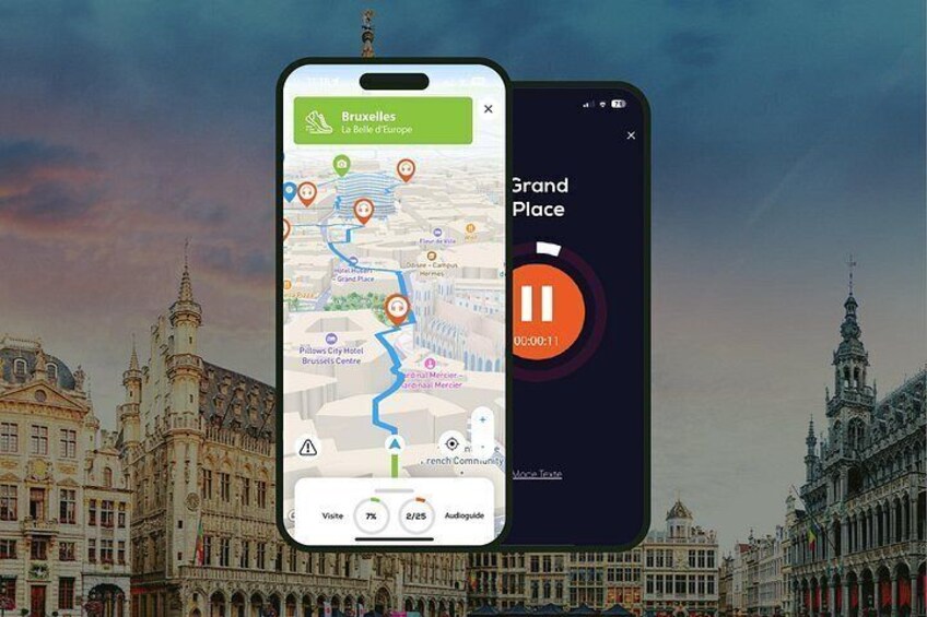 A smartphone displaying a map with a location marked as 'Grand Place' and a music player interface. 1